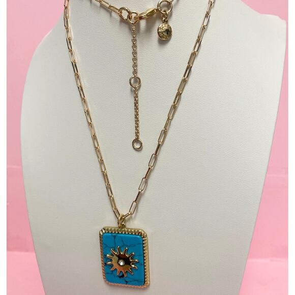 J Crew Turquoise and Gold Toned Sun Pendant 22” Necklace - Picture 2 of 4